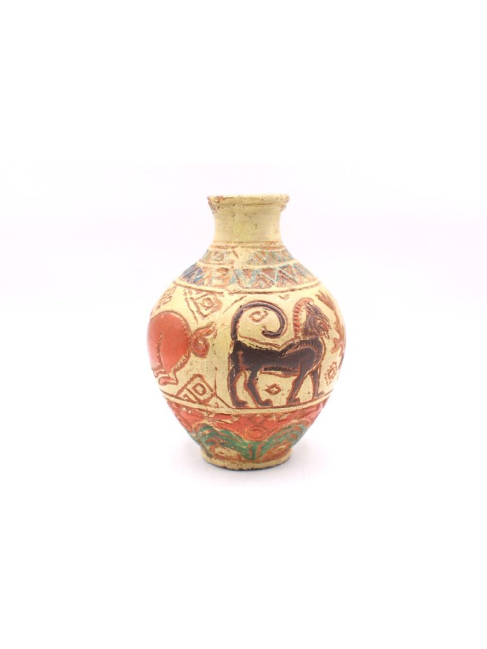 Animal Motif Pottery Jug Vase Geo Signed Rustic Decor 6" H Small Chip Red Clay - Picture 2 of 12